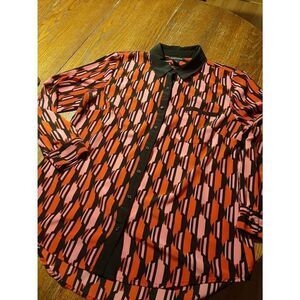 Large Valerie Stevens Long Sleeve Collared Button Front Pink Black Blouse Shirt